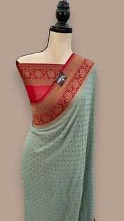 Pista Green Khadki Georgette Handloom Banarasi Saree - The Handlooms