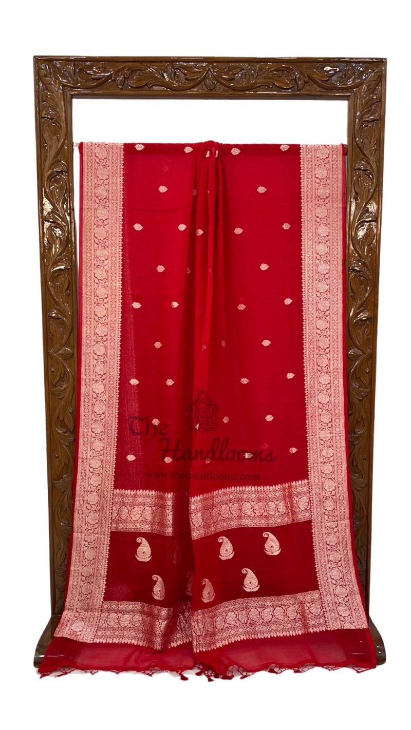 Red Pure Georgette Handloom Banarasi Saree - The Handlooms