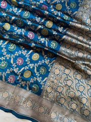 German Blue Pure Katan Silk Banarasi Handloom Saree - All over Jaal work - With Meenakari - The Handlooms
