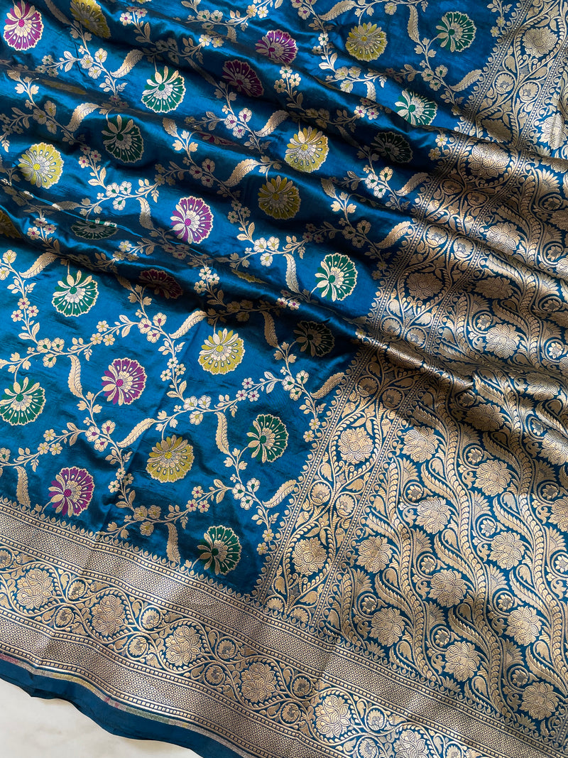 German Blue Pure Katan Silk Banarasi Handloom Saree - All over Jaal work - With Meenakari - The Handlooms