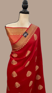 Red Pure Linen Banarasi Saree - The Handlooms