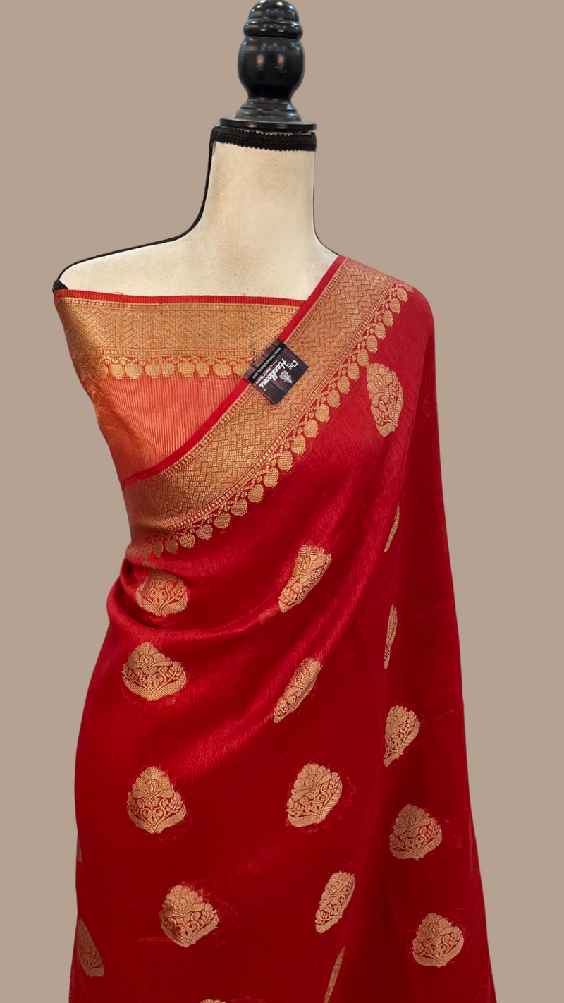Red Pure Linen Banarasi Saree - The Handlooms