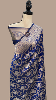 Blue Pure Katan Silk Banarasi Handloom Saree - All over sona roopa Jaal work - The Handlooms