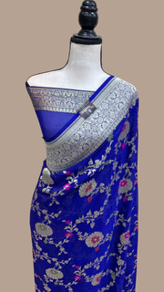 Navy Blue Khaddi Georgette Handloom Banarasi Saree - All over Jaal Work with meenakari - The Handlooms