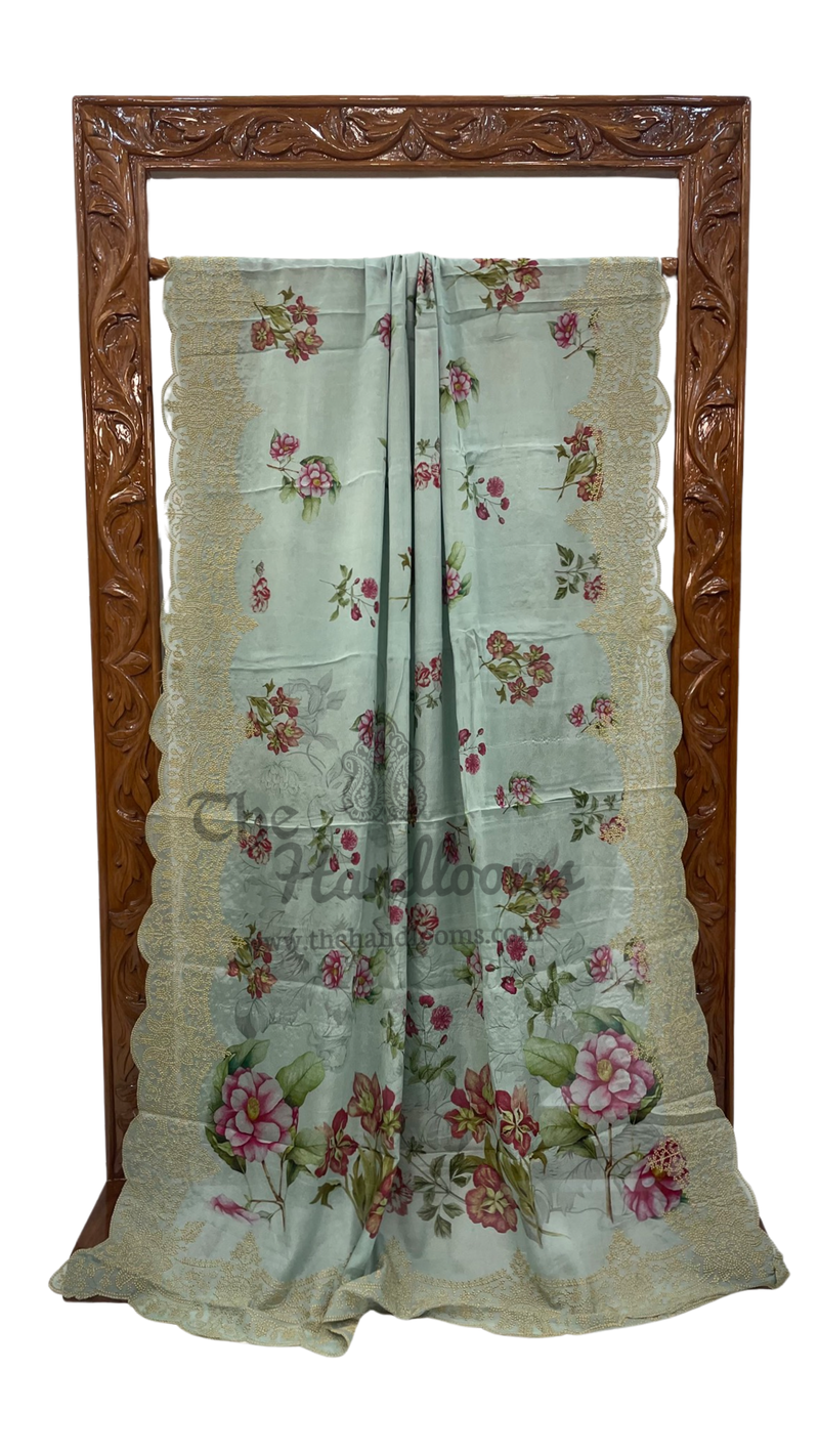 Pure Georgette Digital Print with Chikankari Handloom Banarasi Saree - The Handlooms