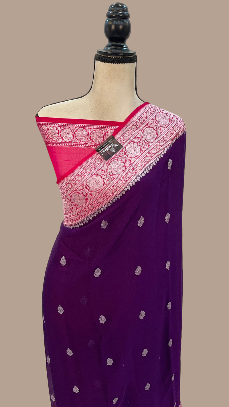 Dark Purple Pure Georgette Handloom Banarasi Saree - The Handlooms