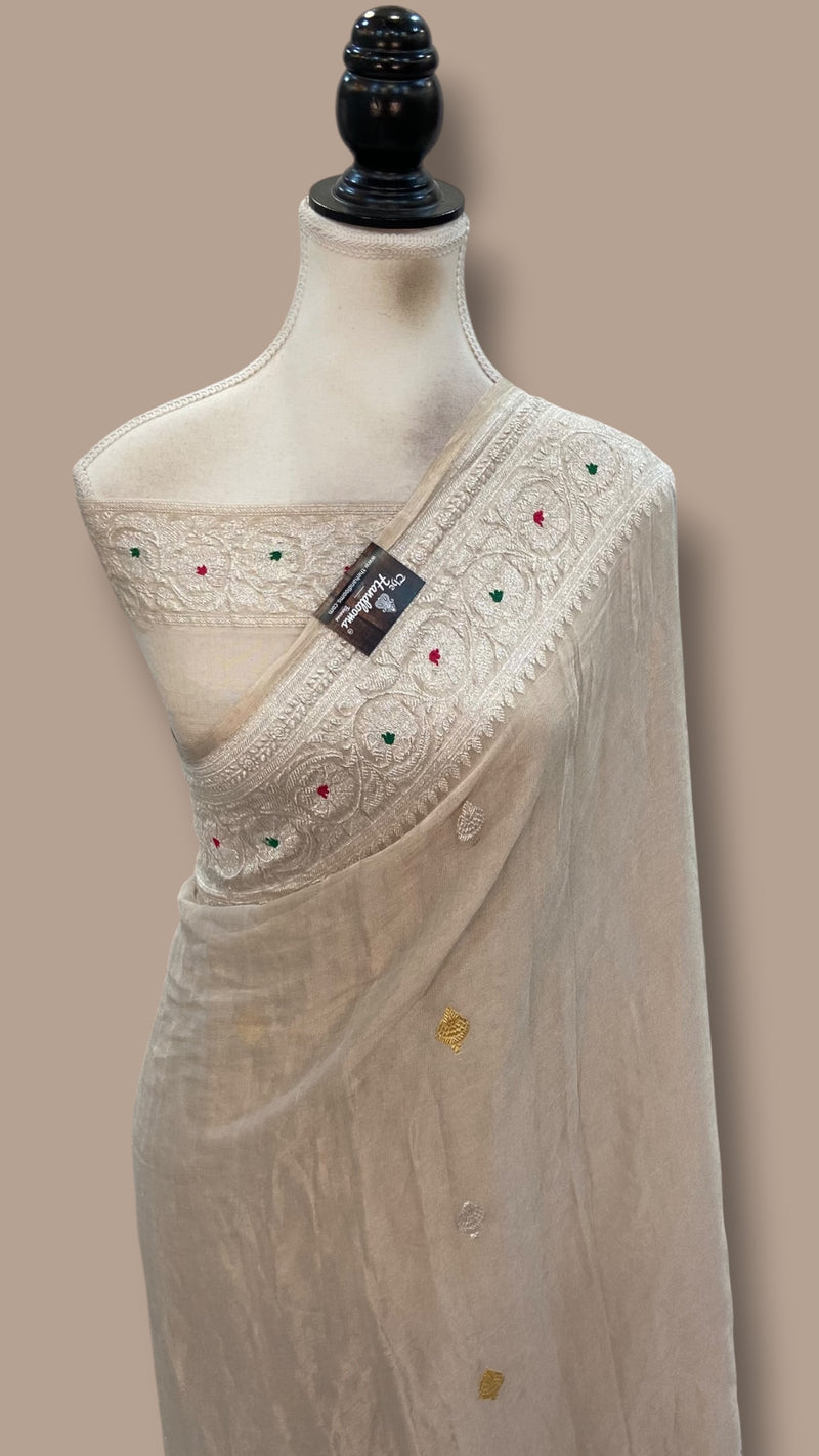 Handloom Banarasi Khaddi Georgette Tissue Saree | All-Over Sona Roopa Kadua Motifs & Meenakari