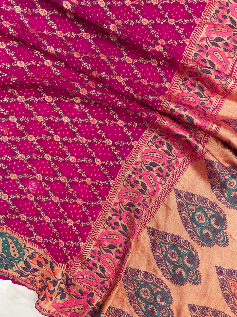 Pure Georgette Banarasi Bandhej Handloom Saree - with meenakari work - The Handlooms