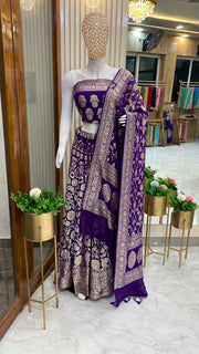Purple Pure Khaddi Georgette Handloom Banarasi Lehenga - Stitched - The Handlooms