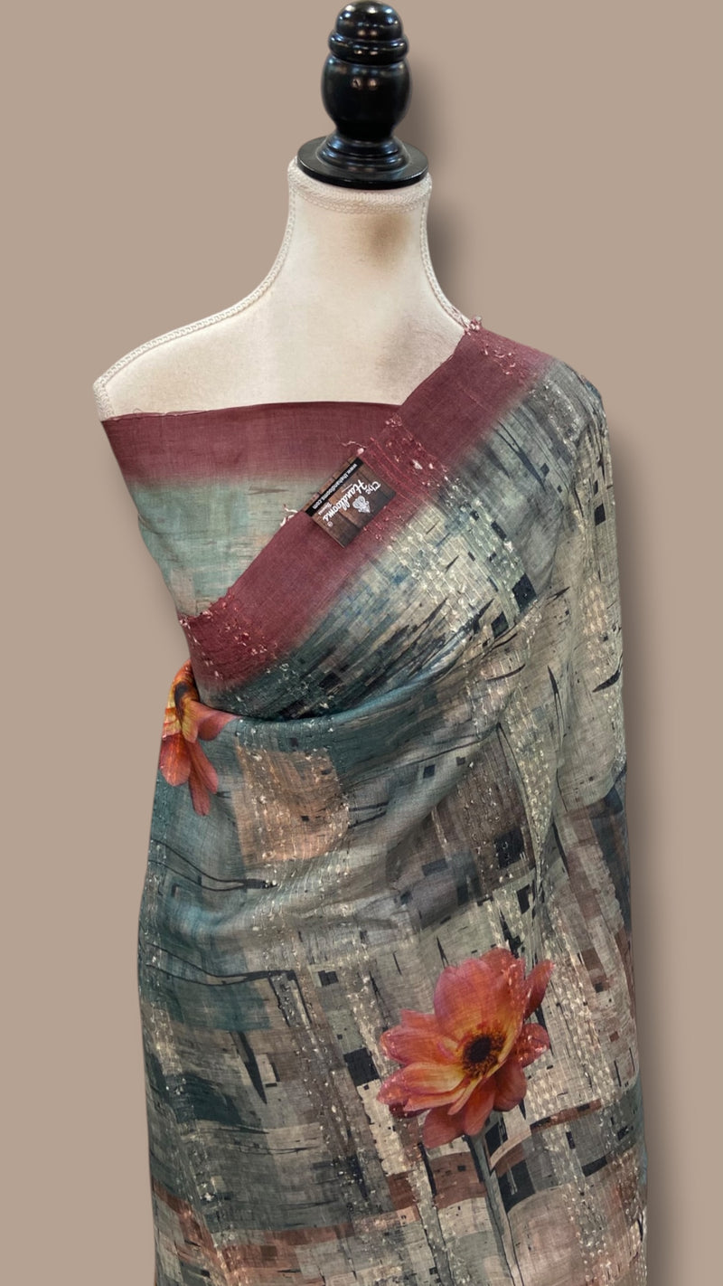 Pure Tussar Silk Handloom Banarasi Saree With Digital Print