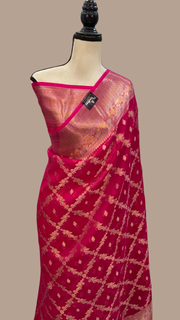 Hot Pink Pure Kora Handloom Banarasi Saree - The Handlooms
