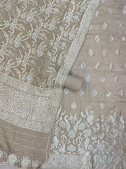 Beige Pure Khaddi Georgette Banarasi Dress material - The Handlooms