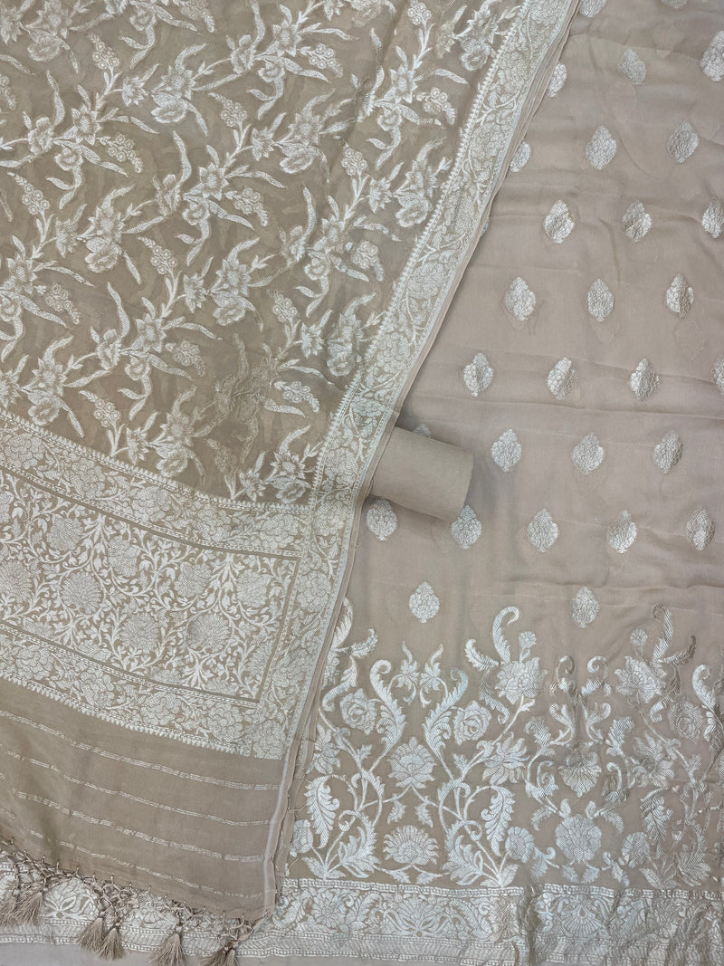 Beige Pure Khaddi Georgette Banarasi Dress material - The Handlooms