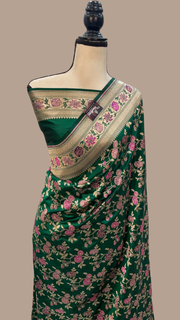 Green Pure Katan Silk Banarasi Handloom Saree - All over Jaal work with meenakari - The Handlooms