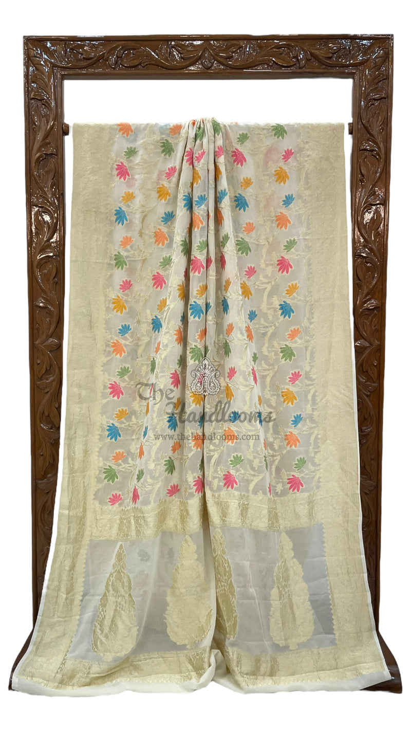 Off-white Pure Khaddi Georgette Handloom Banarasi Saree - All over Jaal Work With Meenakari - The Handlooms