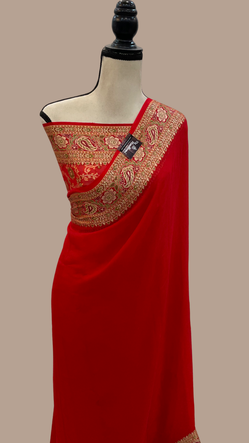 Red Pure Chiffon Khaddi Banarasi Saree - The Handlooms