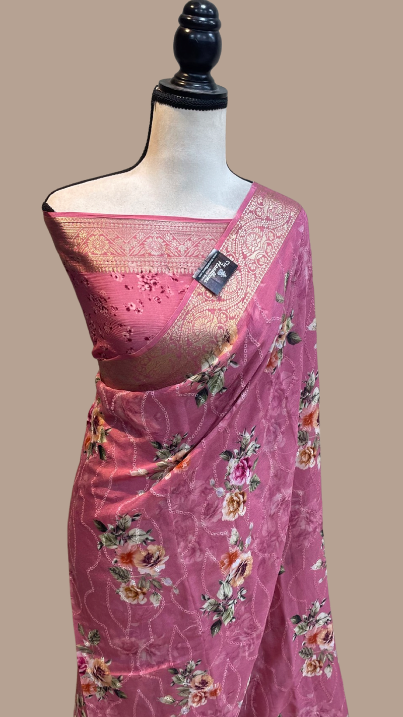 Pure Georgette  Digital Print with Chikankari Handloom Banarasi Saree - The Handlooms