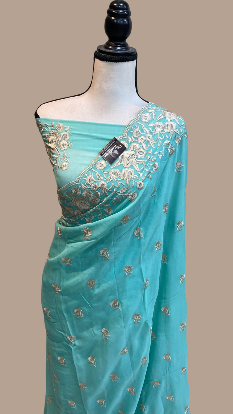 Pure Georgette Chikankari Handloom Banarasi Saree - The Handlooms