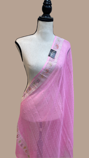Pure Georgette Handwoven Dupatta - Pink silver zari - The Handlooms