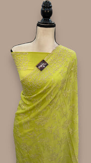 Lime Green Pure Georgette Chikankari Handloom Banarasi Saree - The Handlooms
