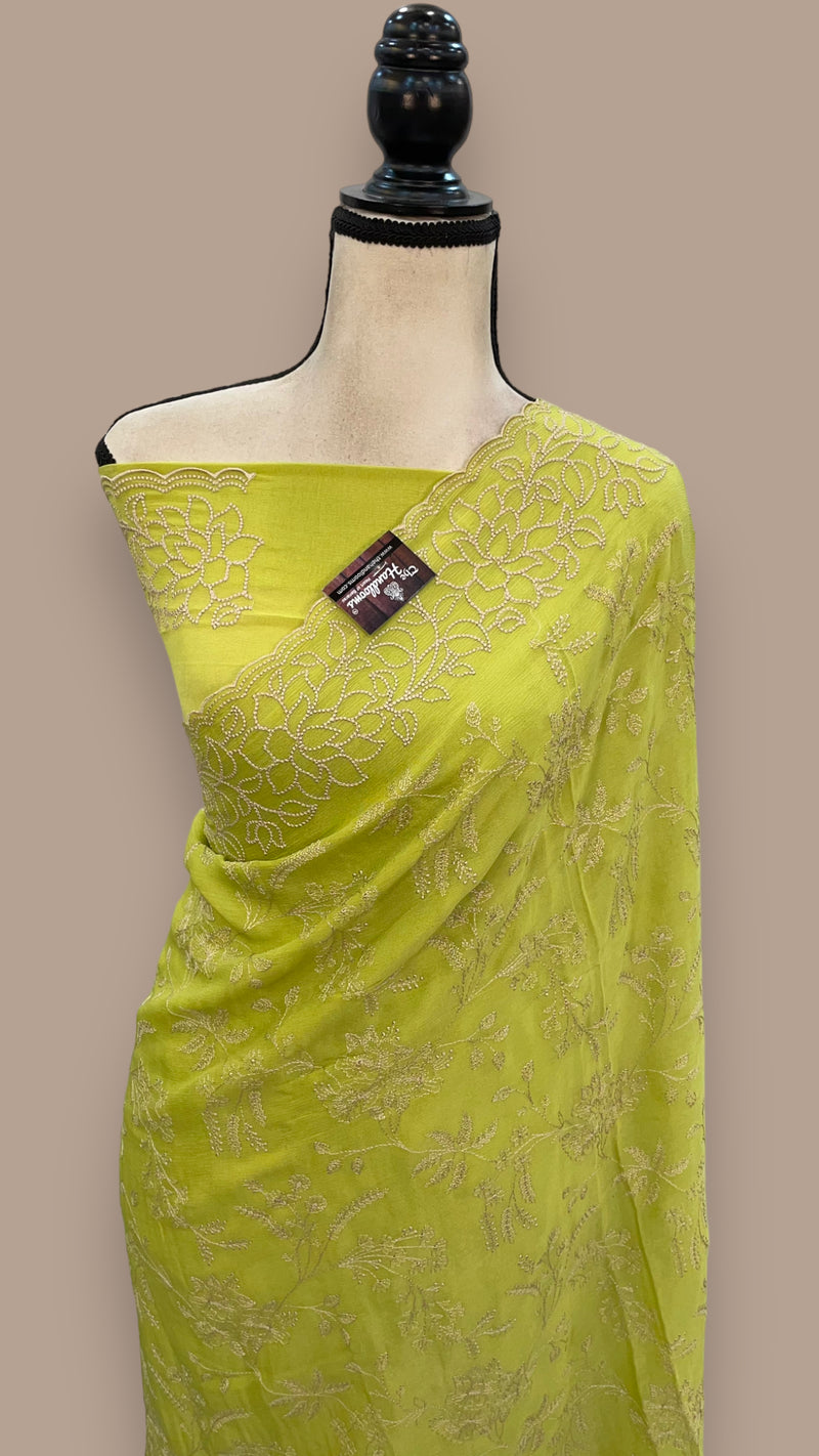 Lime Green Pure Georgette Chikankari Handloom Banarasi Saree - The Handlooms
