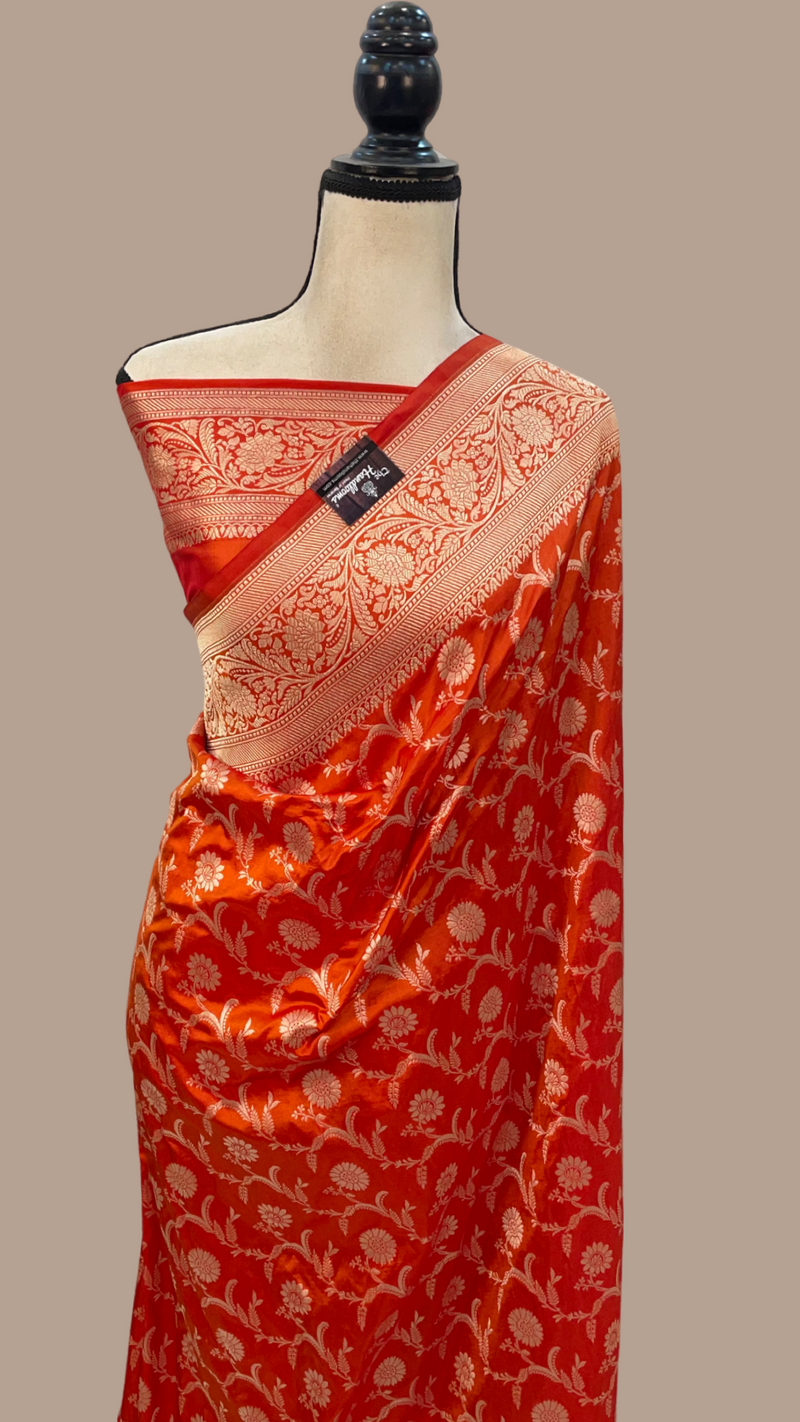 Orange Pure Katan Silk Banarasi Handloom Saree - All Over Jaal Work - The Handlooms