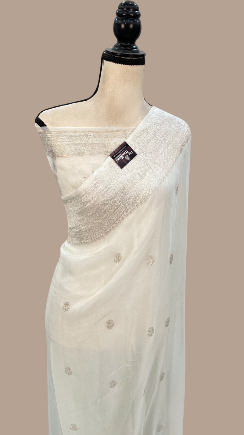 Pure Georgette Banarasi Saree - White - The Handlooms