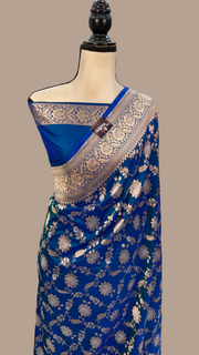 German Blue Pure Katan Silk Banarasi Handloom Saree - All over Sona Roopa Jaal work - The Handlooms