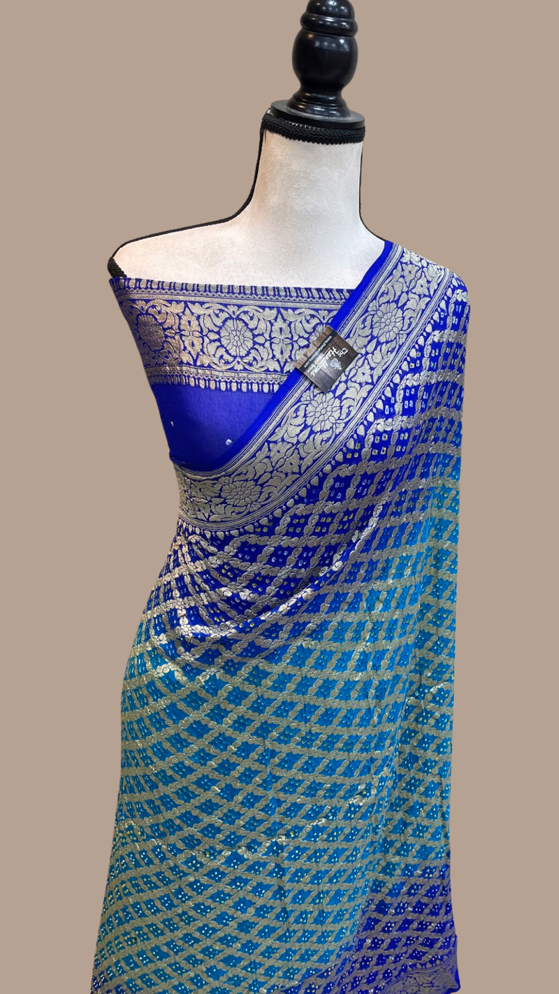 Dual Shade Pure Georgette Banarasi Bandhej Handloom Saree - The Handlooms