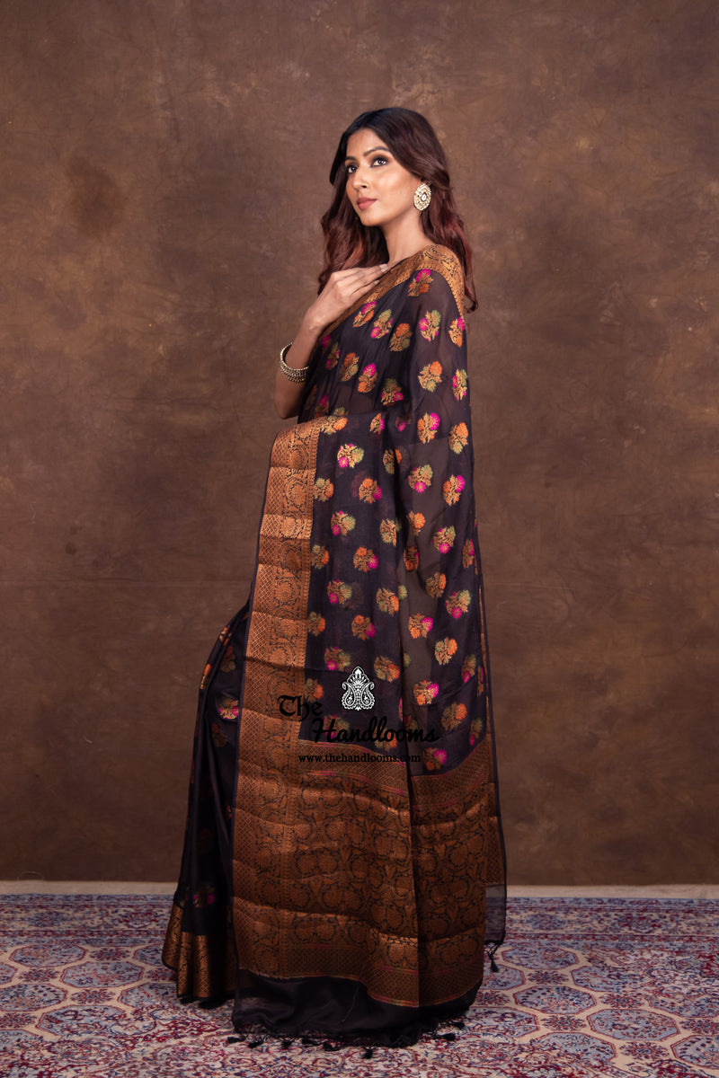 Black Pure Chiffon Khaddi Banarasi Saree - The Handlooms