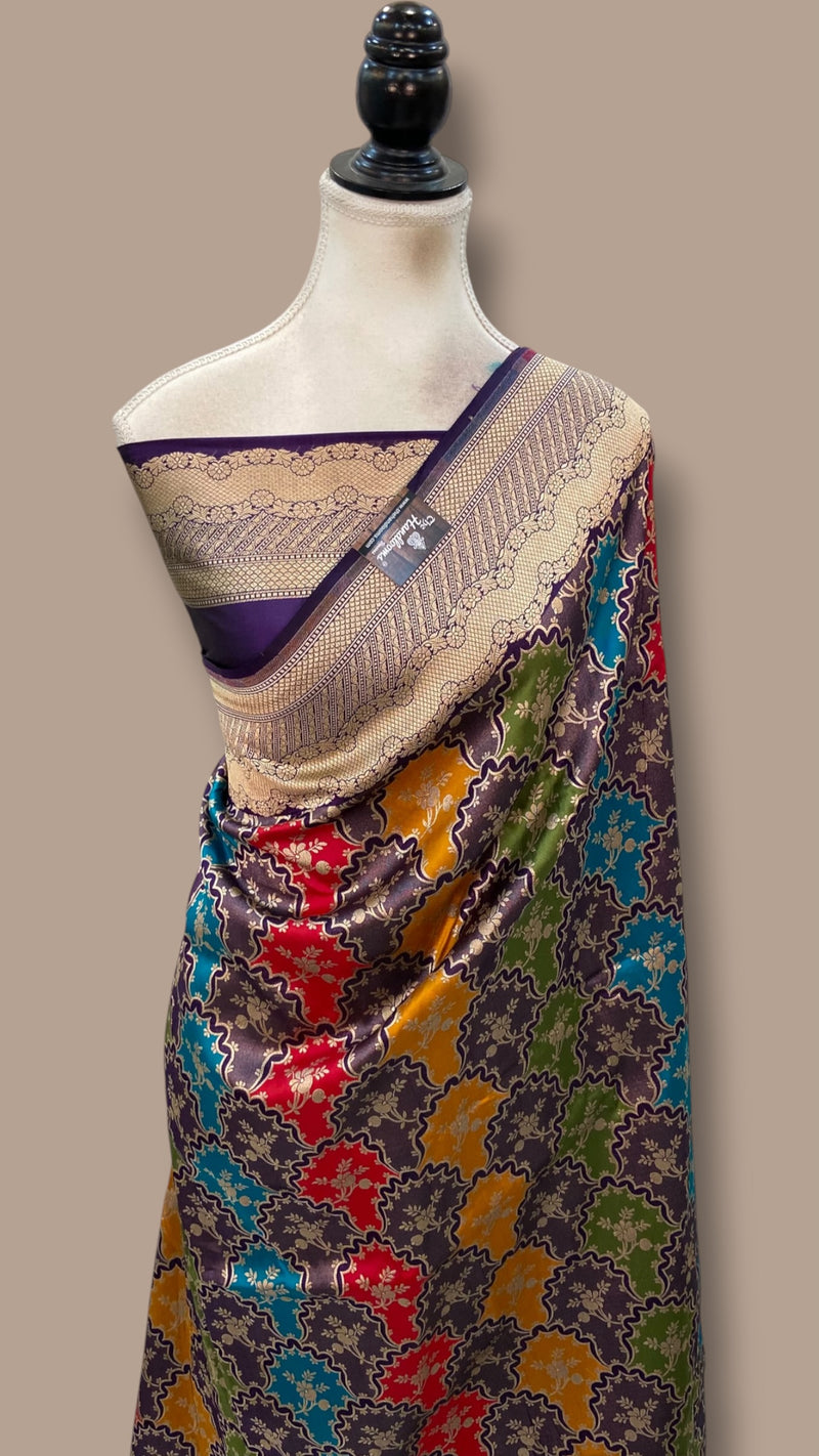 Multicolor Pure Katan Silk Banarasi Handloom Saree - All over Jaal Work With Rangkart