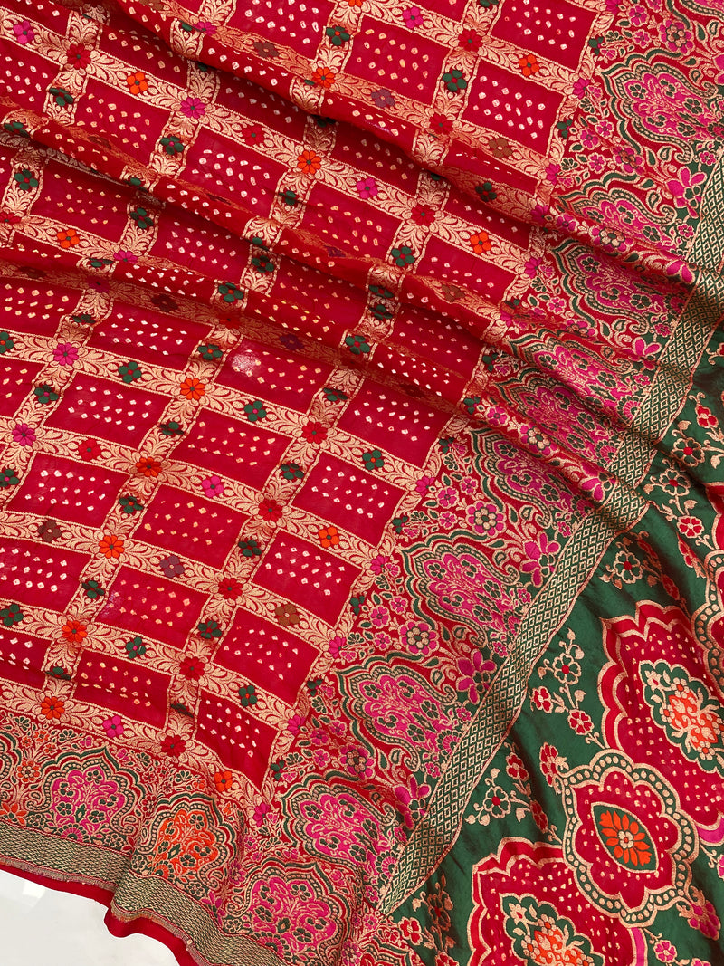 Pure Georgette Banarasi Bandhej Handloom Saree - with meenakari work - The Handlooms