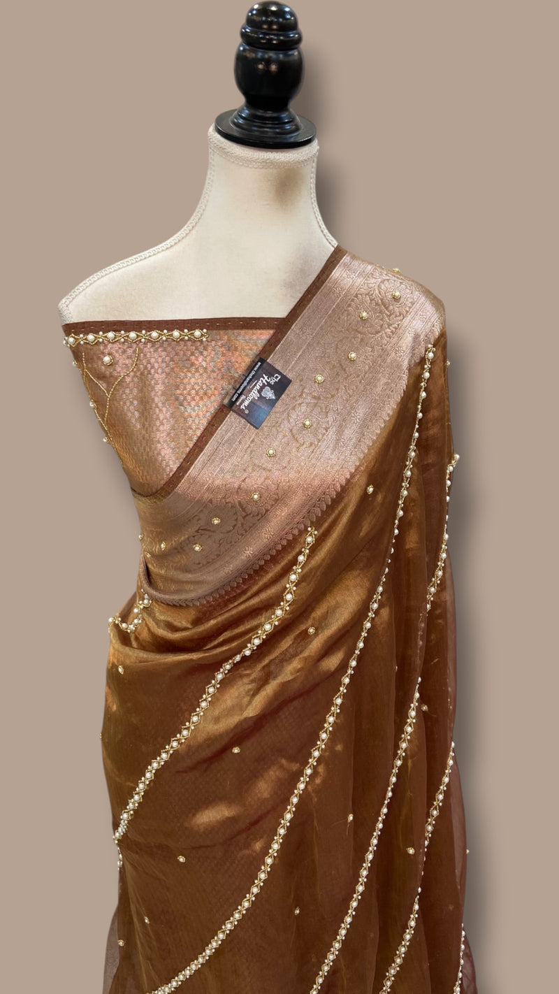 Pure Kora Tissue Silk Handloom Banarasi Saree - Handwork