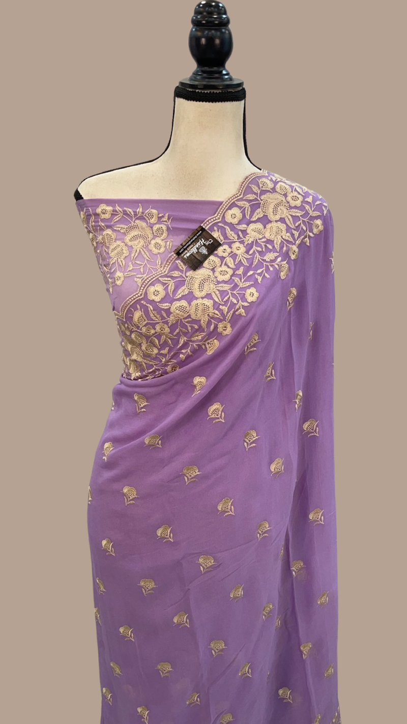 Pure Georgette Chikankari Handloom Banarasi Sare - The Handlooms