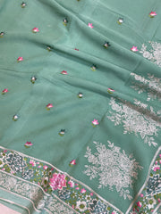 Pure Georgette Chikankari Handloom Banarasi Saree - The Handlooms