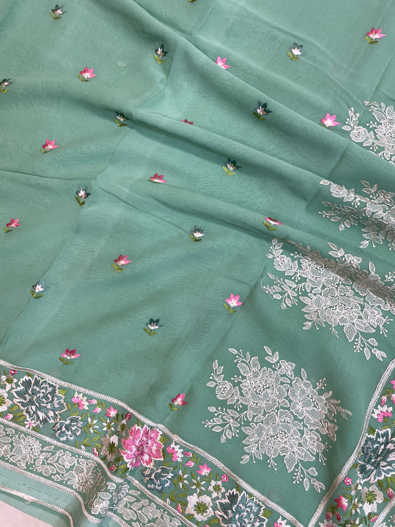 Pure Georgette Chikankari Handloom Banarasi Saree - The Handlooms