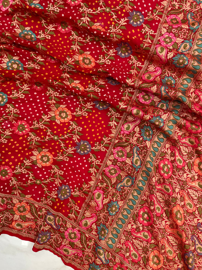 Pure Georgette Banarasi Bandhej Handloom Saree - with meenakari work - The Handlooms