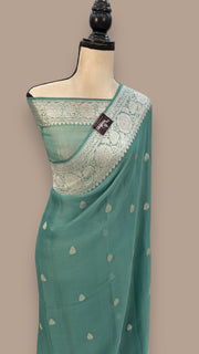 Mint Green Pure Georgette Handloom Banarasi Saree - The Handlooms