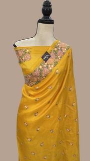 Yellow Tussar Silk Handloom Banarasi Saree With Chikankari - The Handlooms