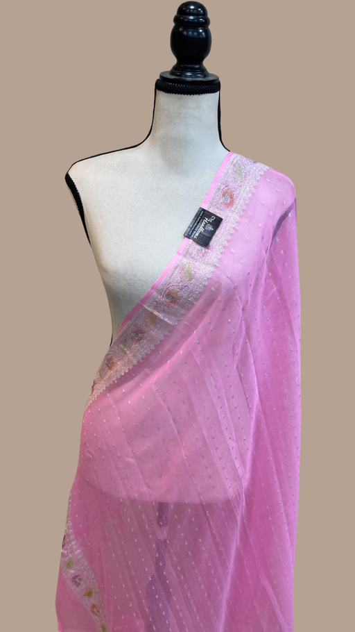 Pure Georgette Handwoven Dupatta - Pink silver zari - The Handlooms
