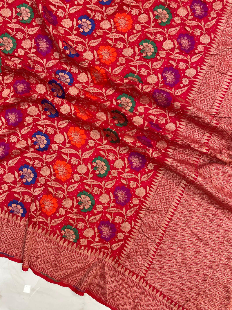Pure Georgette Banarasi Bandhej Handloom Saree - with meenakari work - The Handlooms