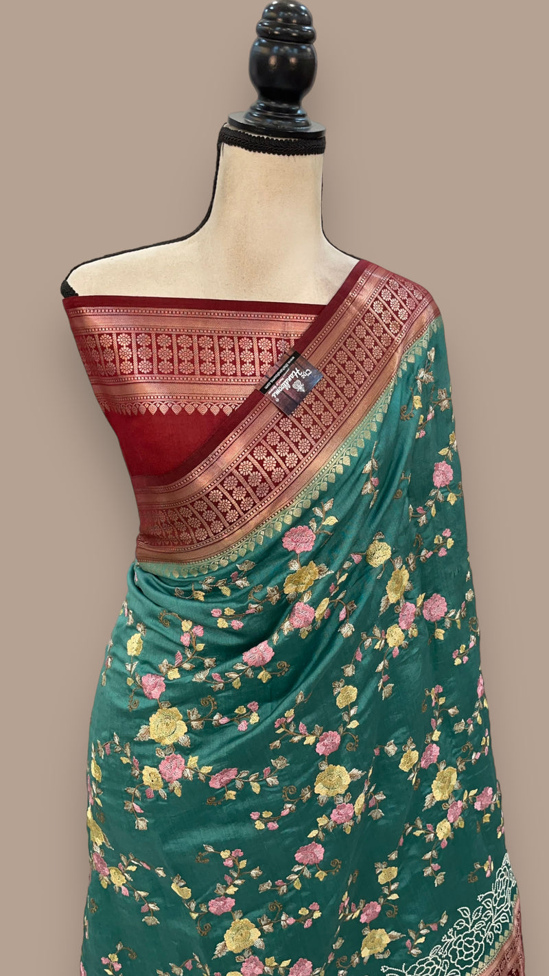 Pure Chiniya Silk Handloom Banarasi Saree with Chikankari - The Handlooms
