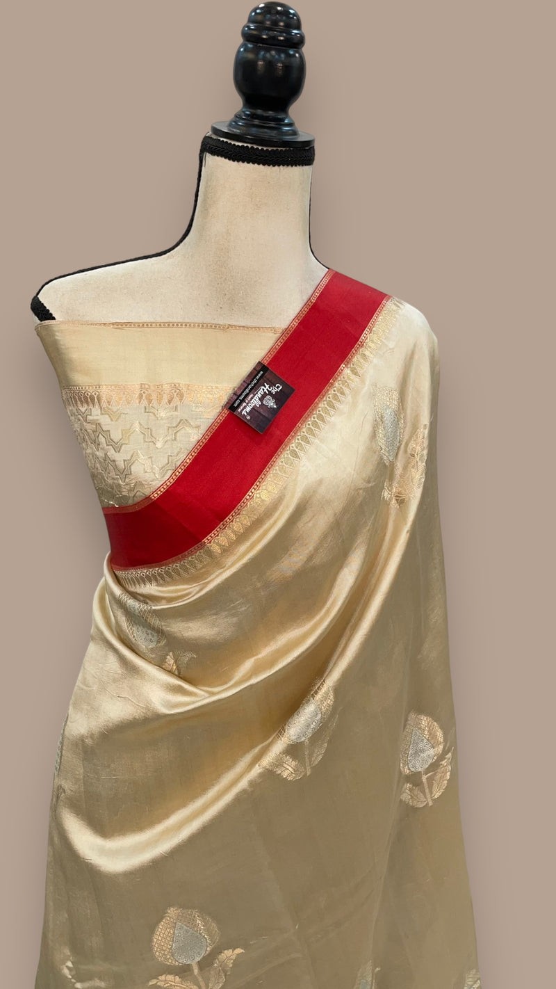 Cream Pure Mango Silk Banarasi Handloom Saree - The Handlooms