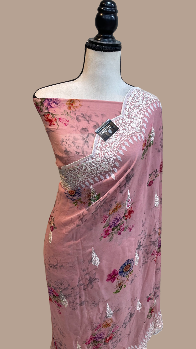 Pure Georgette  Digital Print with Chikankari Handloom Banarasi Saree - The Handlooms