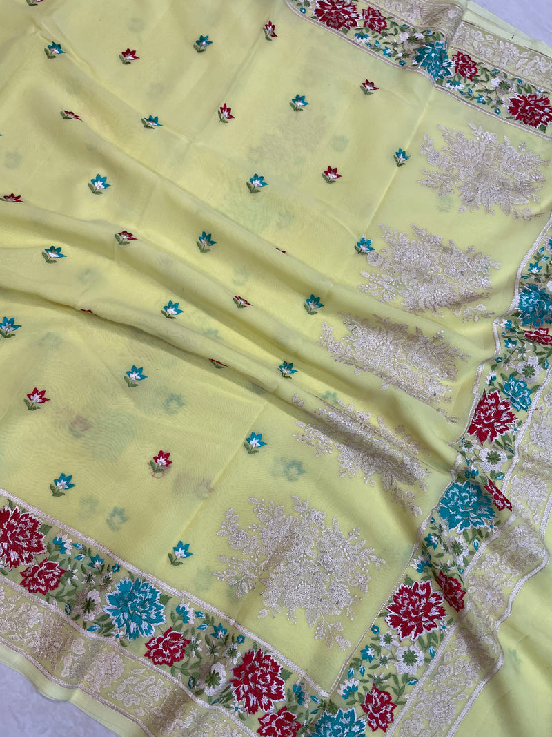 Pure Georgette Chikankari Handloom Banarasi Saree - The Handlooms