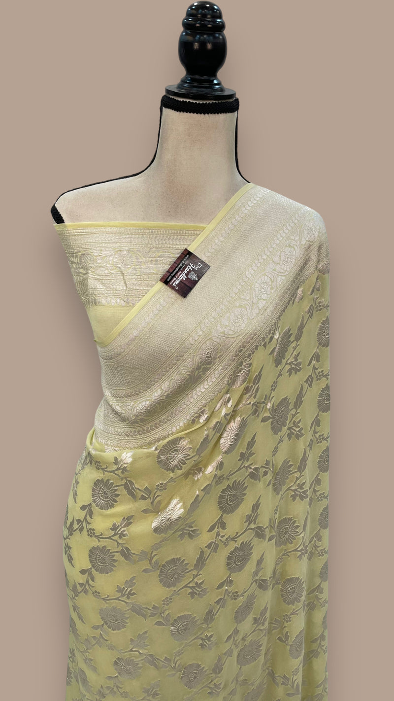 Khaddi Georgette Banarasi Saree with all silver zari jaal work - The Handlooms
