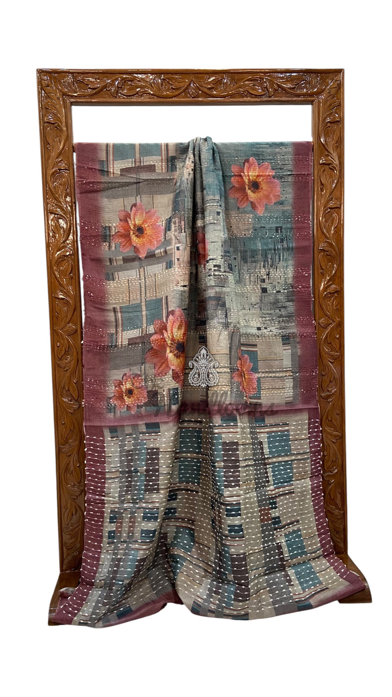 Pure Tussar Silk Handloom Banarasi Saree With Digital Print