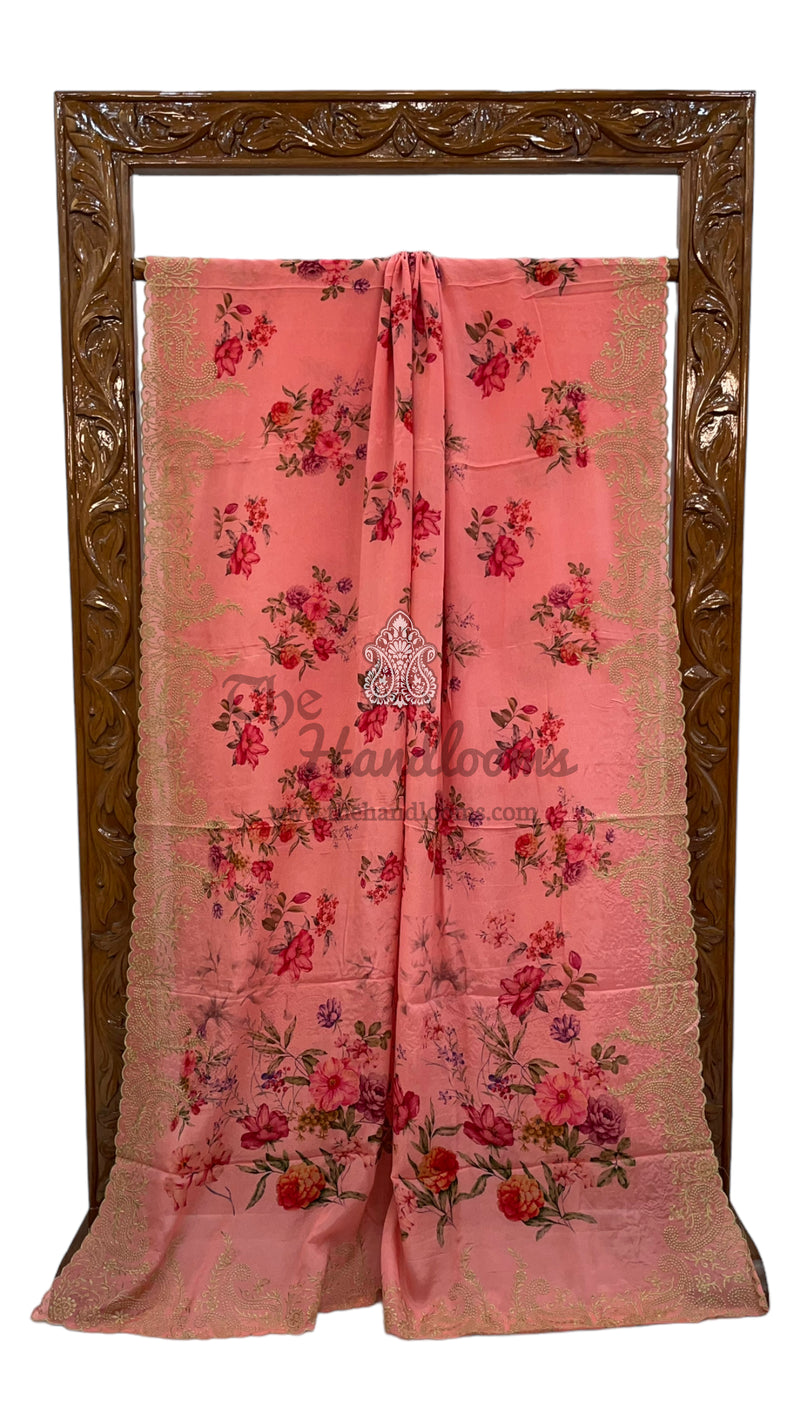 Pure Georgette Digital Print with Chikankari Handloom Banarasi Saree - The Handlooms