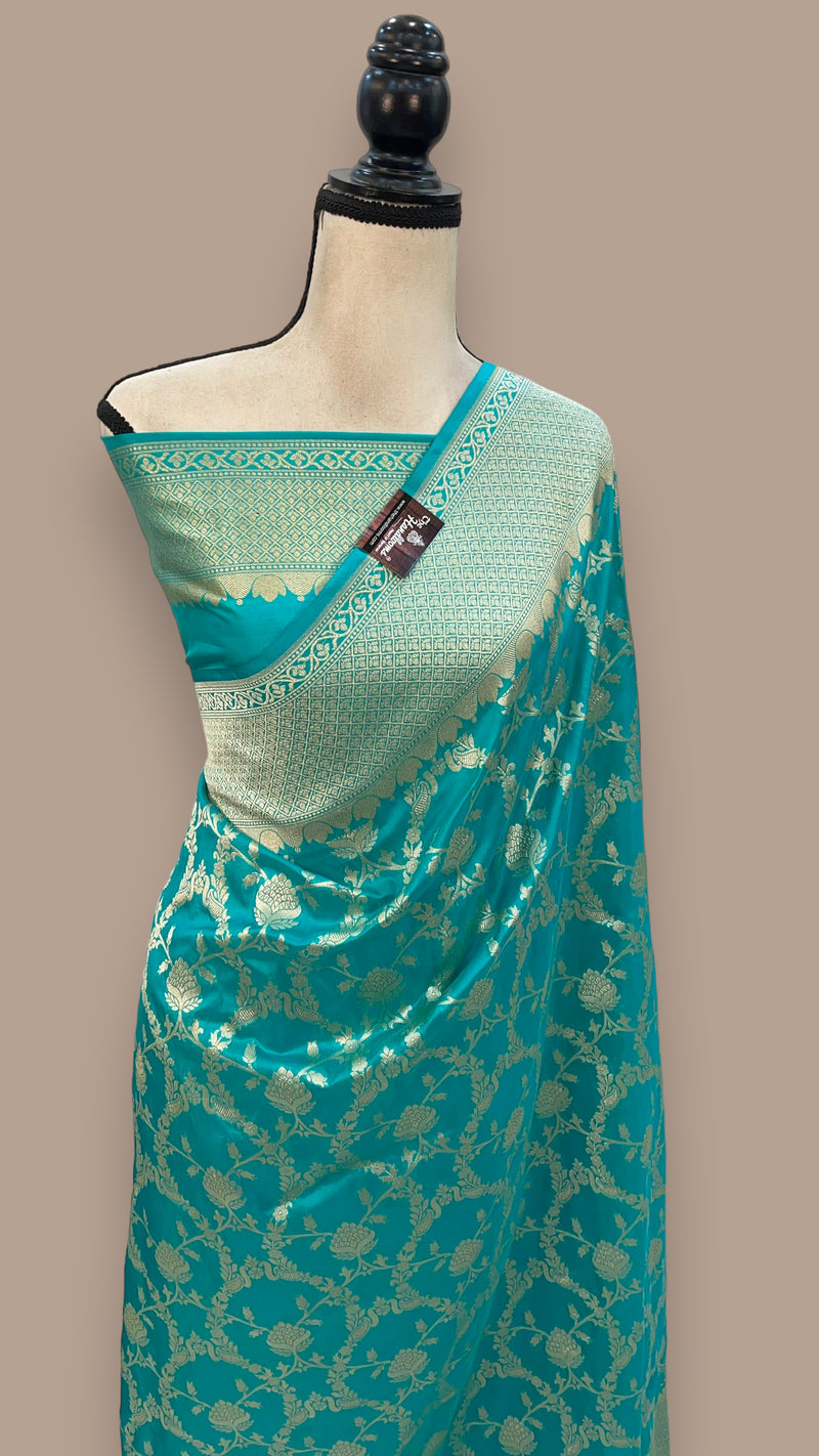 Turquoise Pure Katan Silk Banarasi Handloom Saree - All Over Jaal Work - The Handlooms
