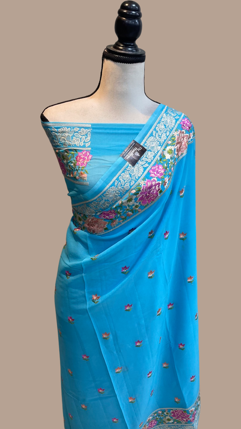 Pure Georgette Chikankari Handloom Banarasi Saree - The Handlooms